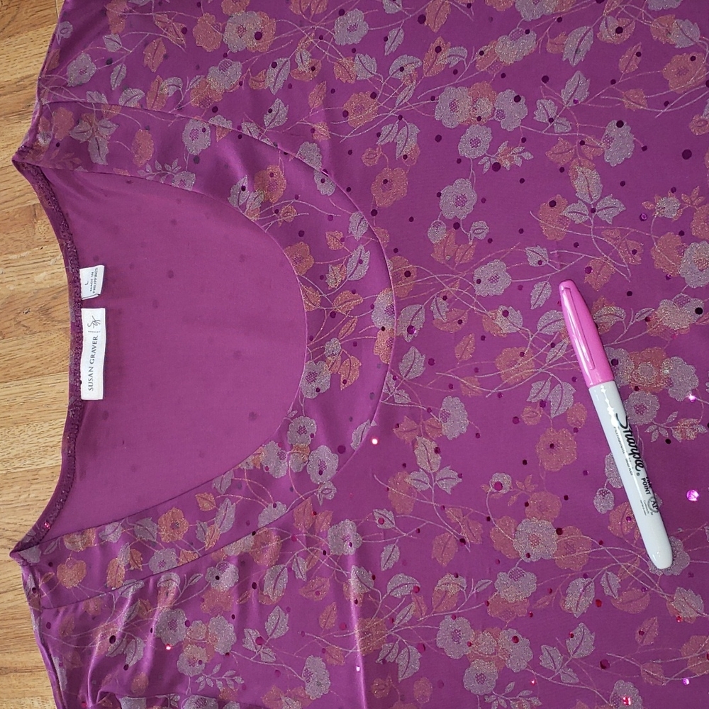 Susan Graver Purple Floral Scoop Neck 3/4 Sleeve Blouse Large - Picture 5 of 9